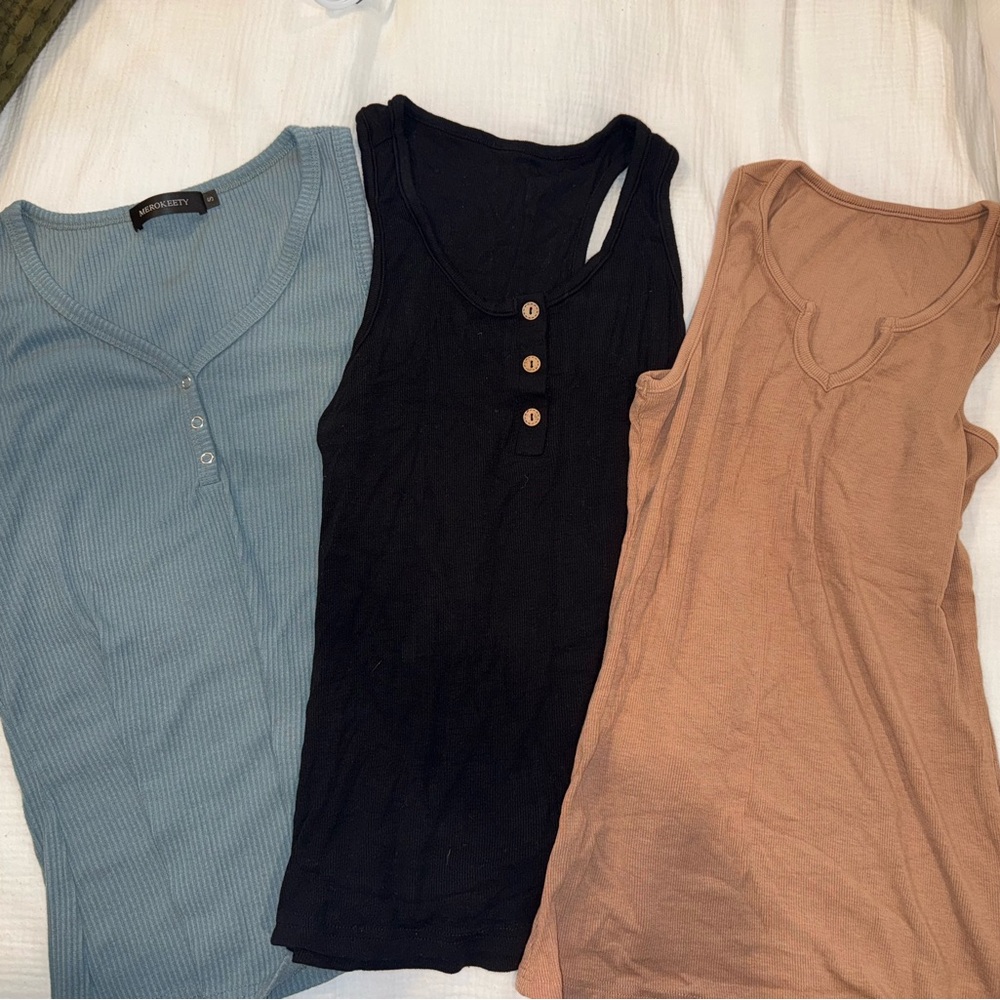 Lot of Small Tank Tops - Black, Blue, and Tan